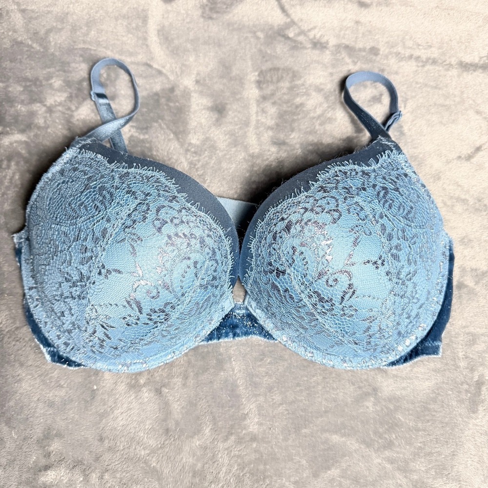 Victorias Secret SZ 38C Bombshell Plunge Bra Dusty Blue Lace Velvet Push Up EUC